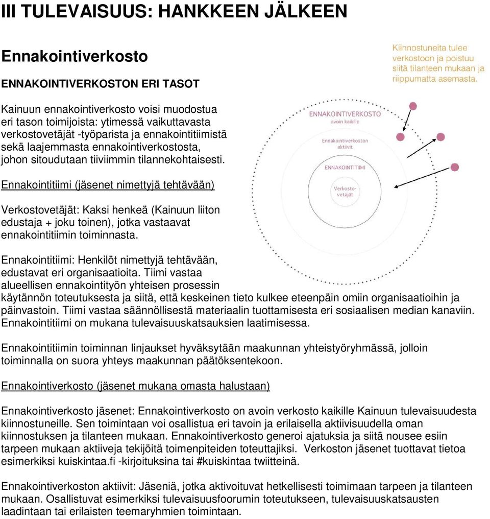 Ennakointitiimi (jäsenet nimettyjä tehtävään) Verkostovetäjät: Kaksi henkeä (Kainuun liiton edustaja + joku toinen), jotka vastaavat ennakointitiimin toiminnasta.