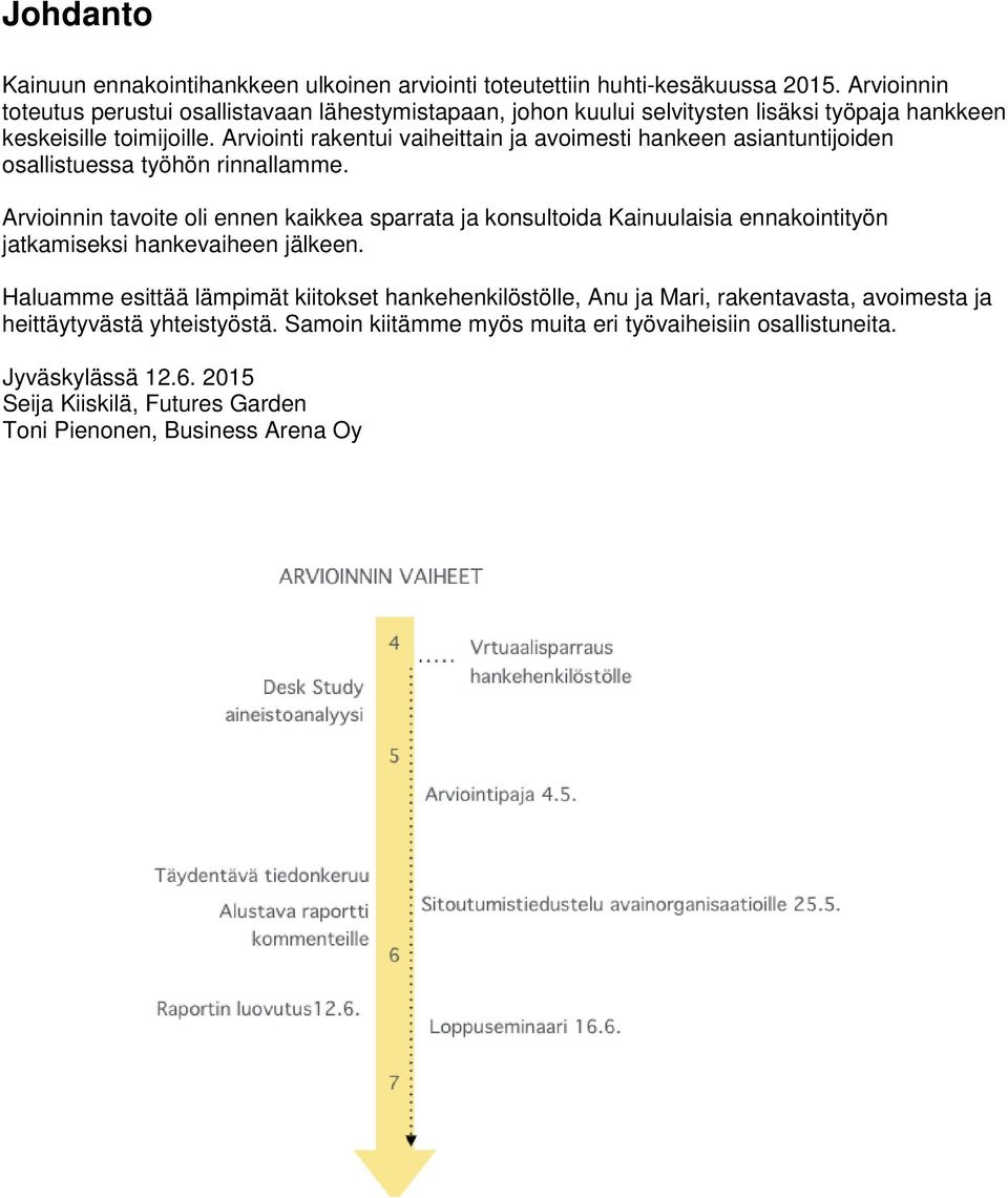 Arviointi rakentui vaiheittain ja avoimesti hankeen asiantuntijoiden osallistuessa työhön rinnallamme.