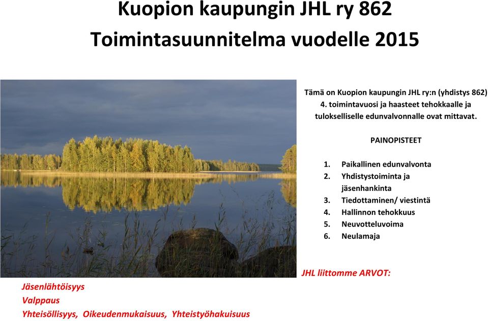 Paikallinen edunvalvonta 2. Yhdistystoiminta ja jäsenhankinta 3. Tiedottaminen/ viestintä 4. Hallinnon tehokkuus 5.