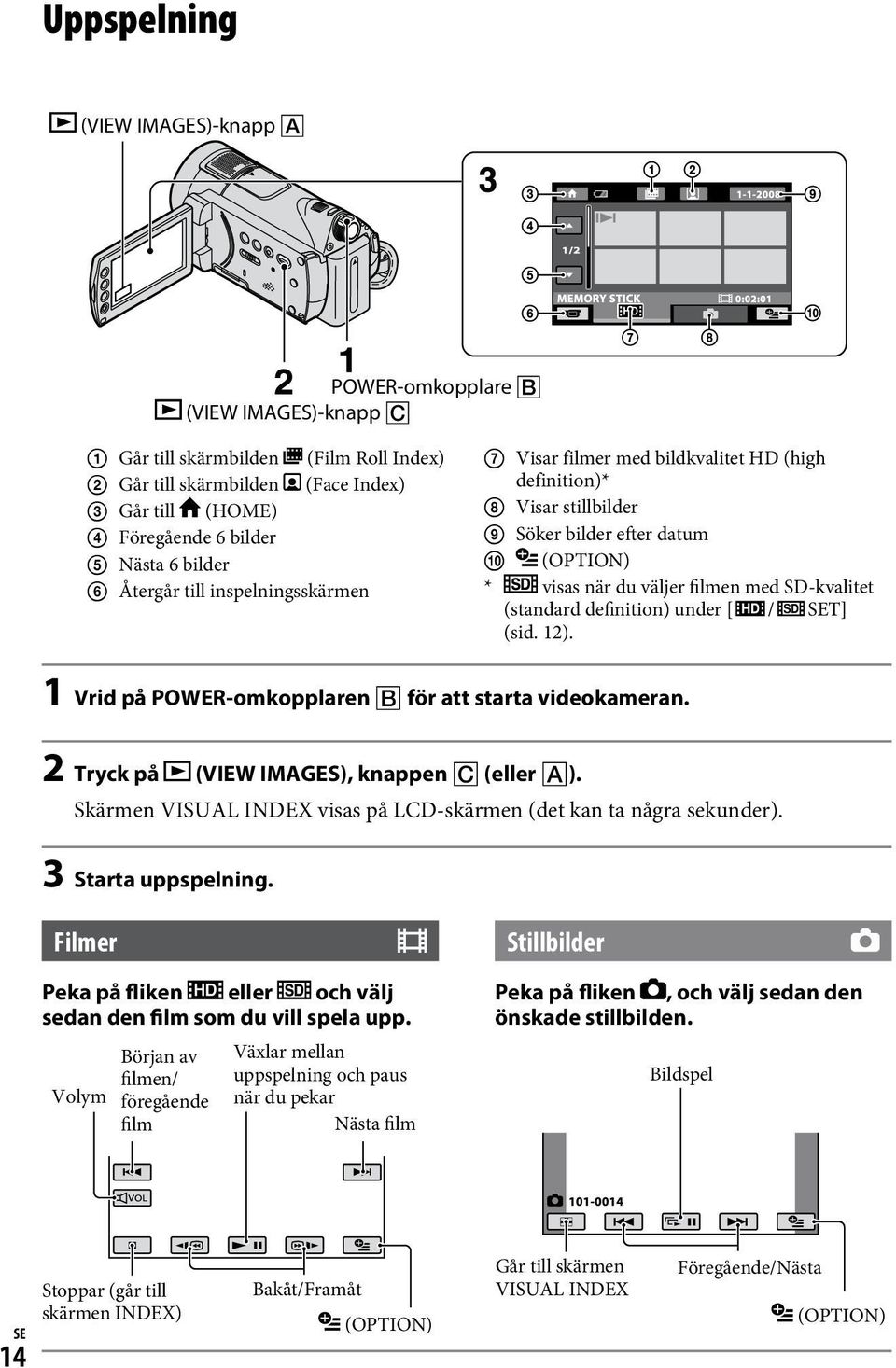 definition) under [ / SET] (sid. 12). 1 Vrid på POWER-omkopplaren för att starta videokameran. 2 Tryck på (VIEW IMAGES), knappen (eller ).