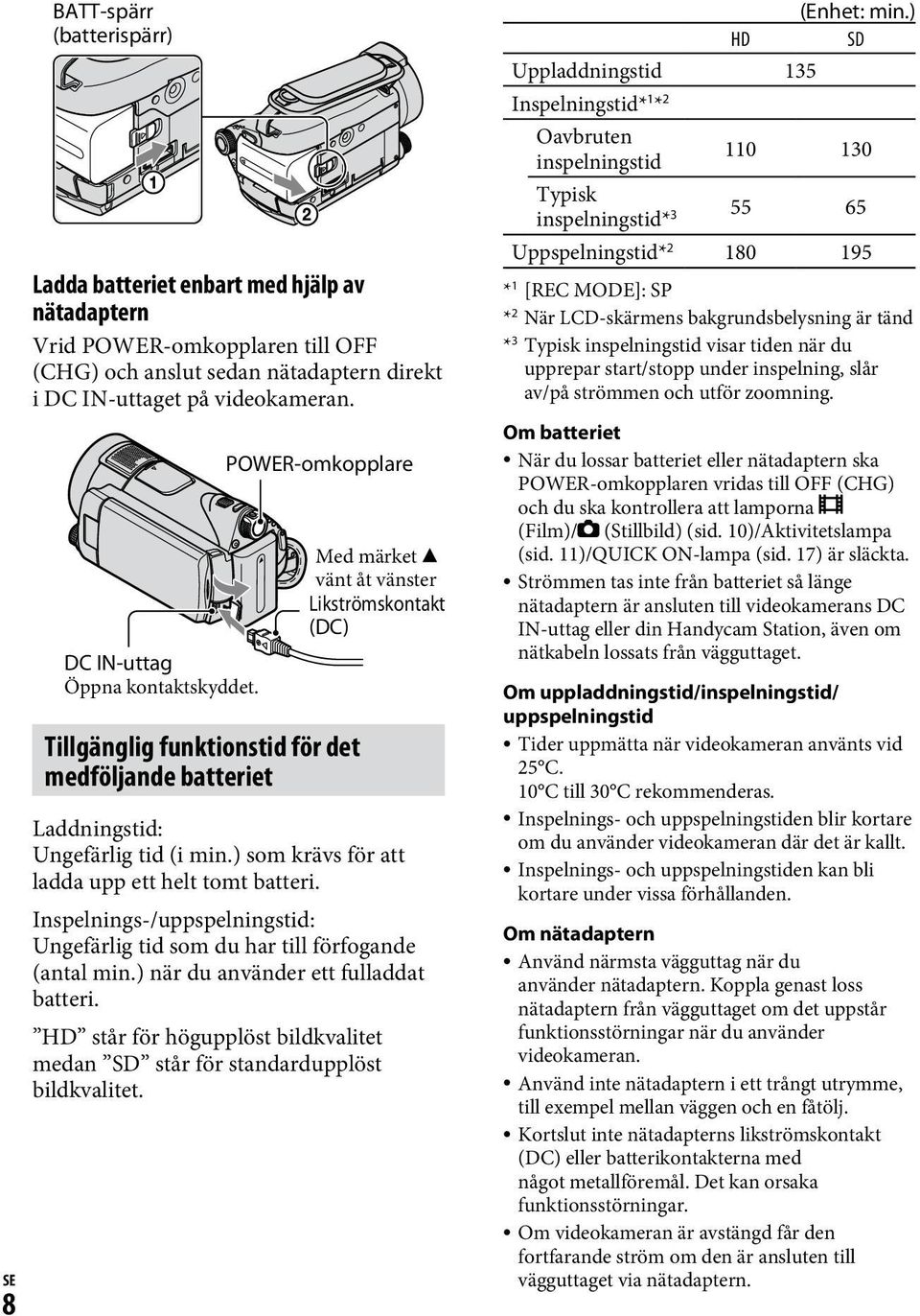 ) som krävs för att ladda upp ett helt tomt batteri. Inspelnings-/uppspelningstid: Ungefärlig tid som du har till förfogande (antal min.) när du använder ett fulladdat batteri.