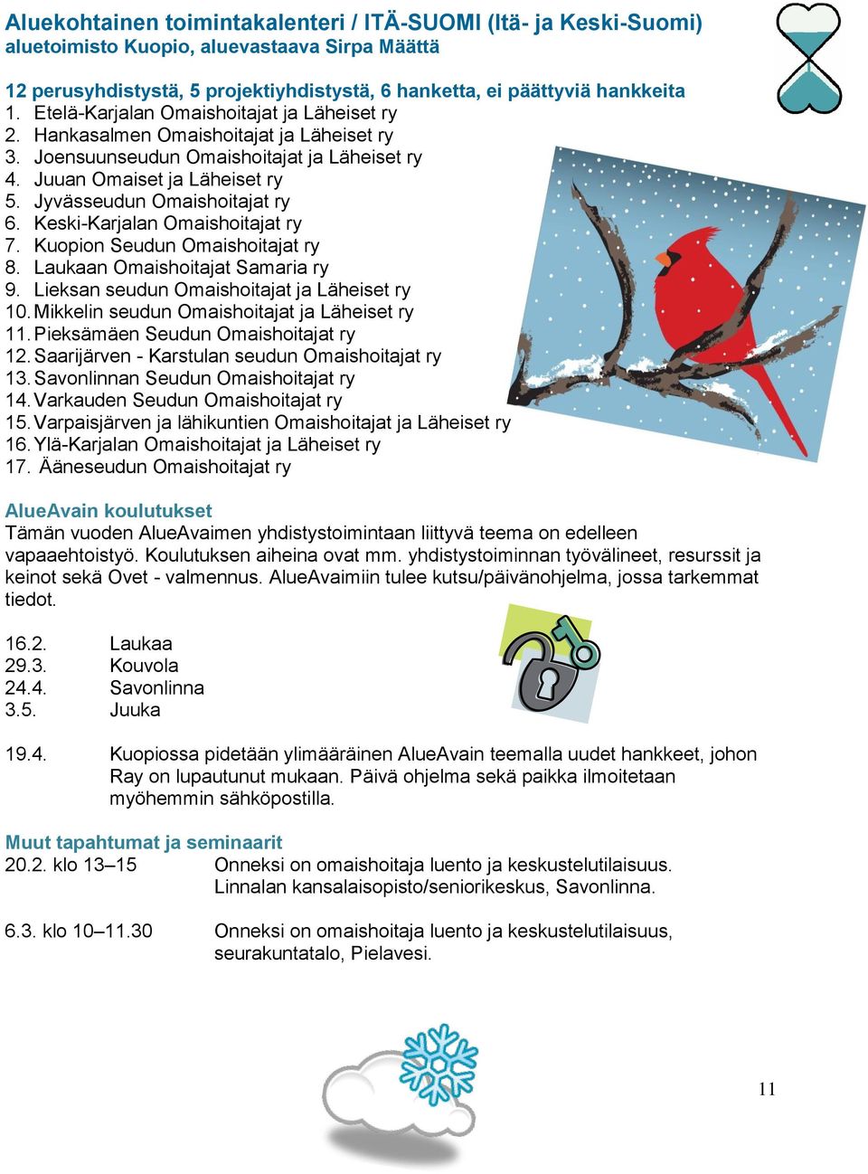 Jyvässeudun Omaishoitajat ry 6. Keski-Karjalan Omaishoitajat ry 7. Kuopion Seudun Omaishoitajat ry 8. Laukaan Omaishoitajat Samaria ry 9. Lieksan seudun Omaishoitajat ja Läheiset ry 10.