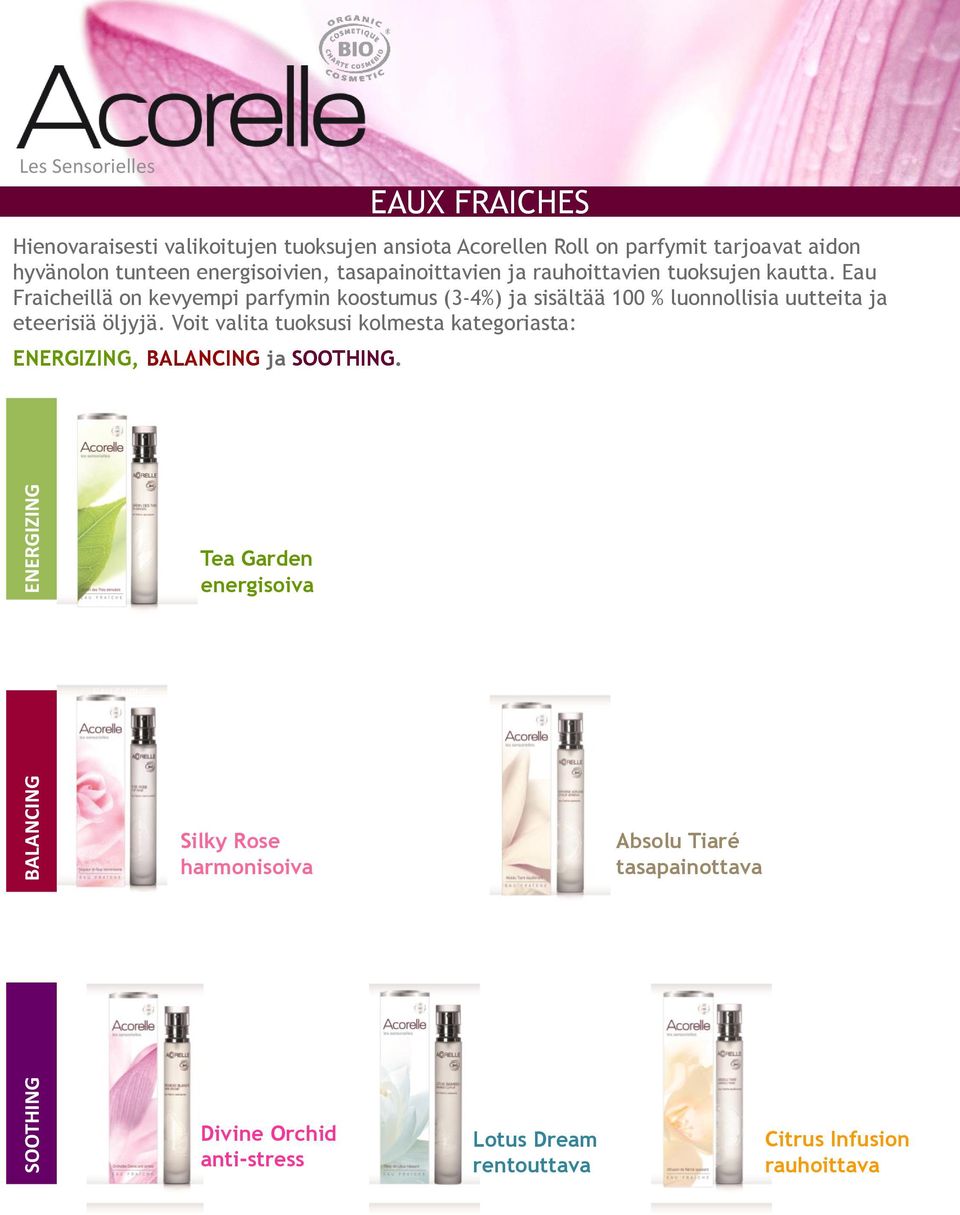 Eau Fraicheillä on kevyempi parfymin koostumus (3-4%) ja sisältää 100 % luonnollisia uutteita ja eteerisiä öljyjä.