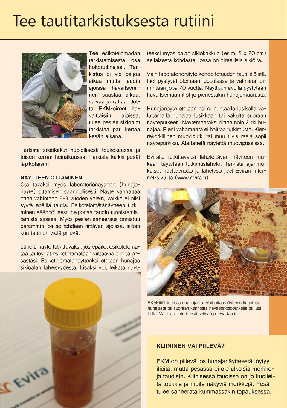 Tarkista kaikki pesät läpikotaisin! NÄYTTEEN OTTAMINEN Ota tavaksi myös laboratorionäytteen (hunajanäyte) ottamisen säännöllisesti.