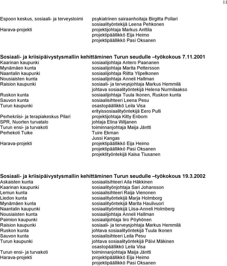 2001 Kaarinan kaupunki sosiaalijohtaja Antero Paananen Mynämäen kunta sosiaalijohtaja Marita Pettersson Naantalin kaupunki sosiaalijohtaja Riitta Ylipelkonen Nousiaisten kunta sosiaalijohtaja Anneli