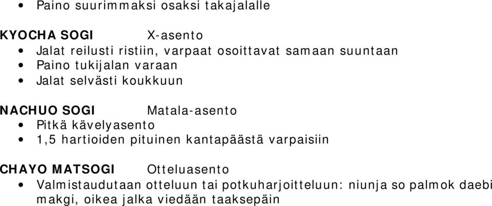 Matala-asento Pitkä kävelyasento 1,5 hartioiden pituinen kantapäästä varpaisiin CHAYO MATSOGI