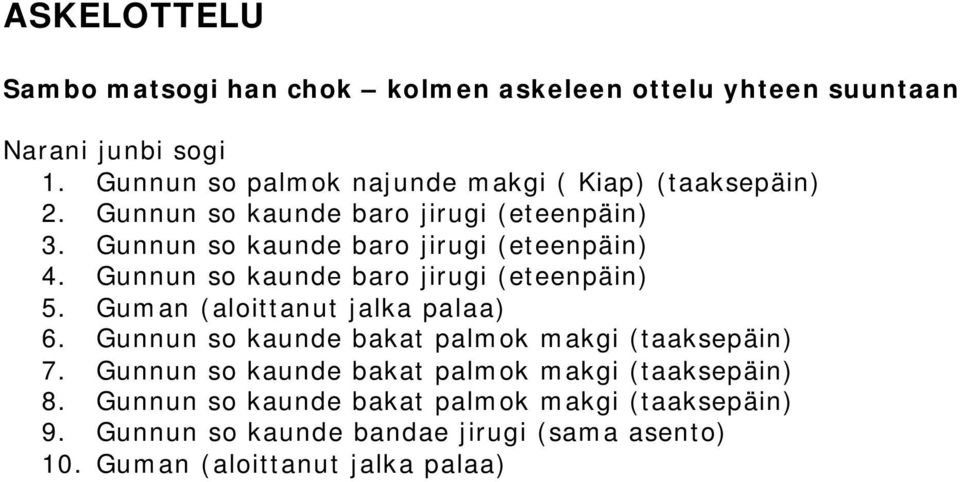 Gunnun so kaunde baro jirugi (eteenpäin) 4. Gunnun so kaunde baro jirugi (eteenpäin) 5. Guman (aloittanut jalka palaa) 6.