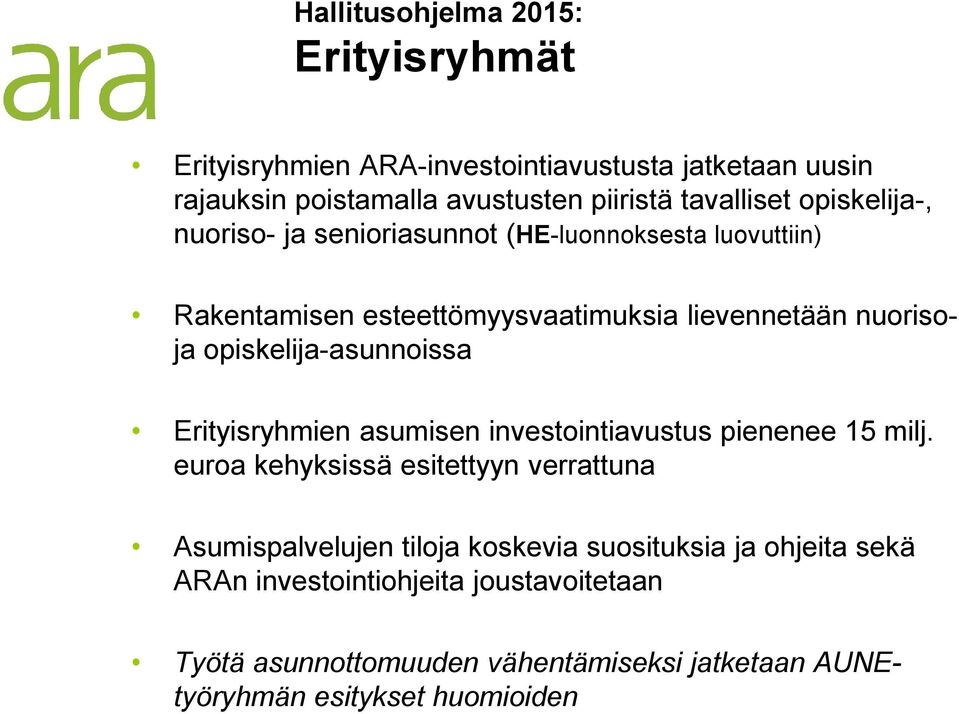 opiskelija-asunnoissa Erityisryhmien asumisen investointiavustus pienenee 15 milj.