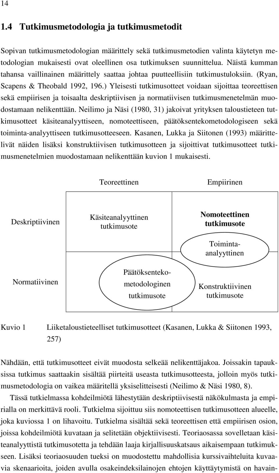 ) Yleisesti tutkimusotteet voidaan sijoittaa teoreettisen sekä empiirisen ja toisaalta deskriptiivisen ja normatiivisen tutkimusmenetelmän muodostamaan nelikenttään.