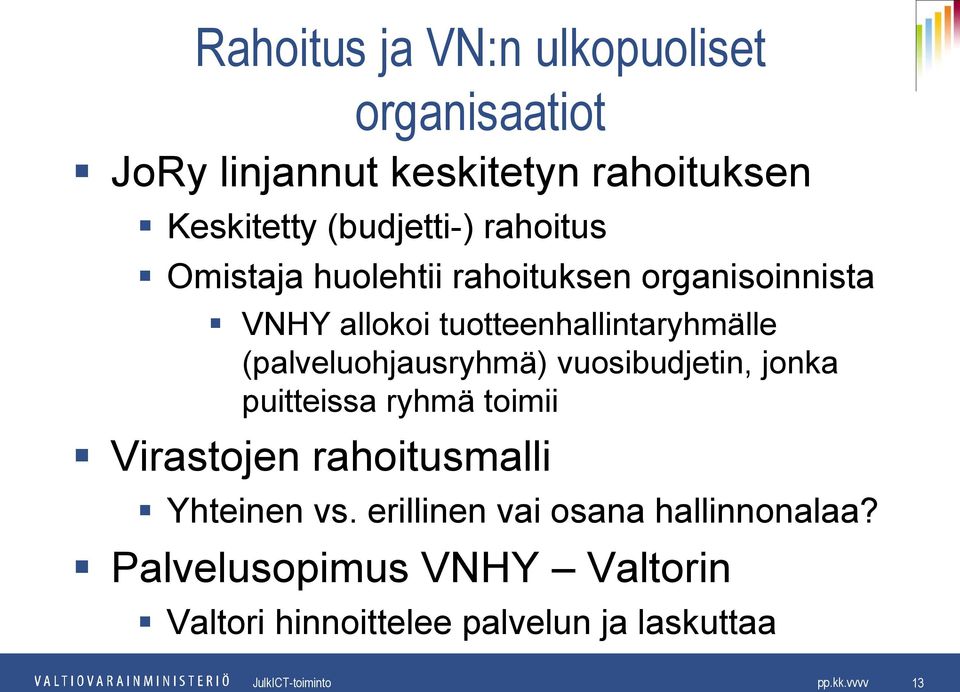 tuotteenhallintaryhmälle (palveluohjausryhmä) vuosibudjetin, jonka puitteissa ryhmä toimii Virastojen