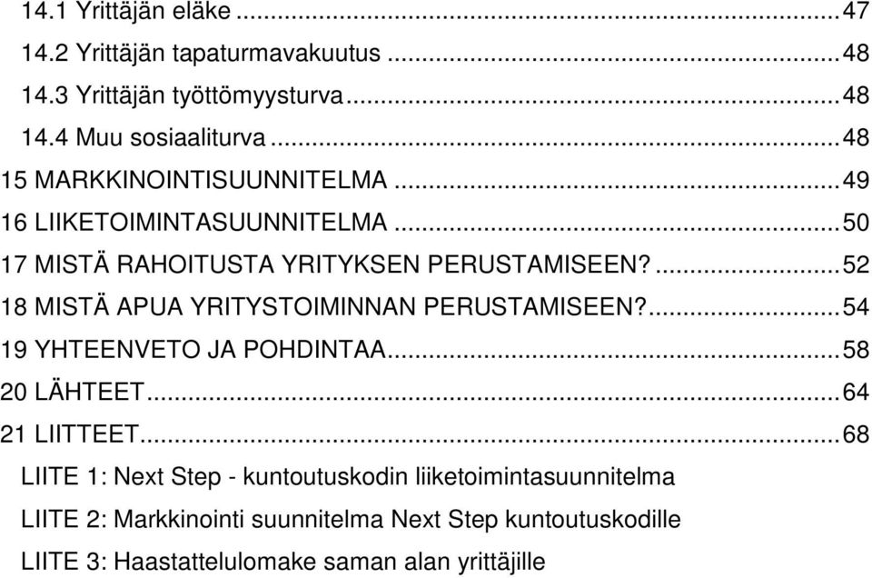 ...52 18 MISTÄ APUA YRITYSTOIMINNAN PERUSTAMISEEN?...54 19 YHTEENVETO JA POHDINTAA...58 20 LÄHTEET...64 21 LIITTEET.