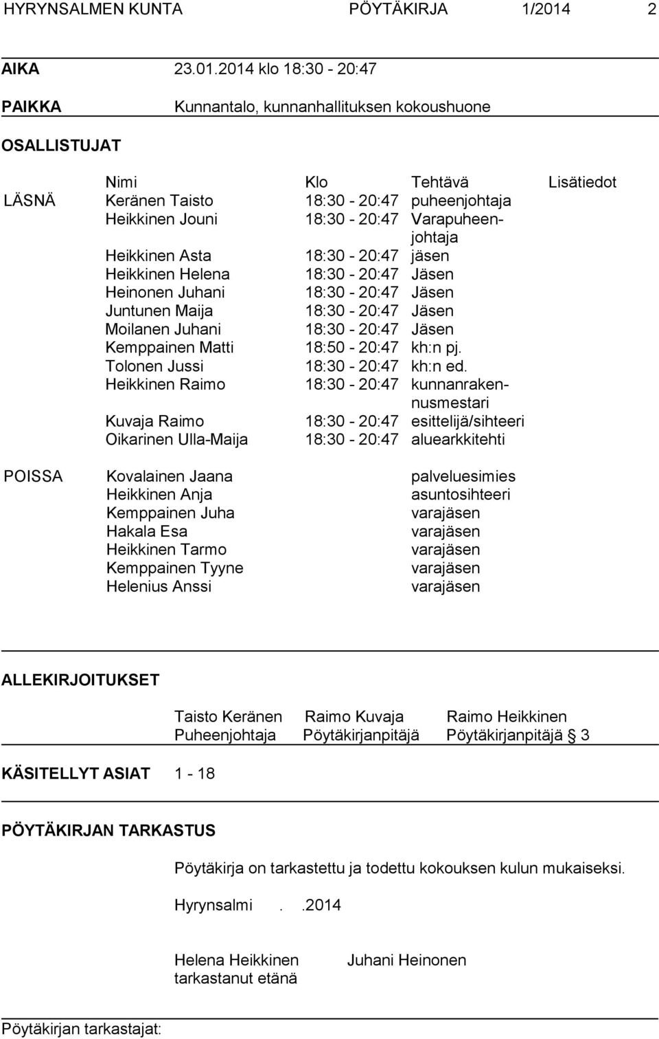 2014 klo 18:30-20:47 PAIKKA Kunnantalo, kunnanhallituksen kokoushuone OSALLISTUJAT Nimi Klo Tehtävä Lisätiedot LÄSNÄ Keränen Taisto 18:30-20:47 puheenjohtaja Heikkinen Jouni 18:30-20:47