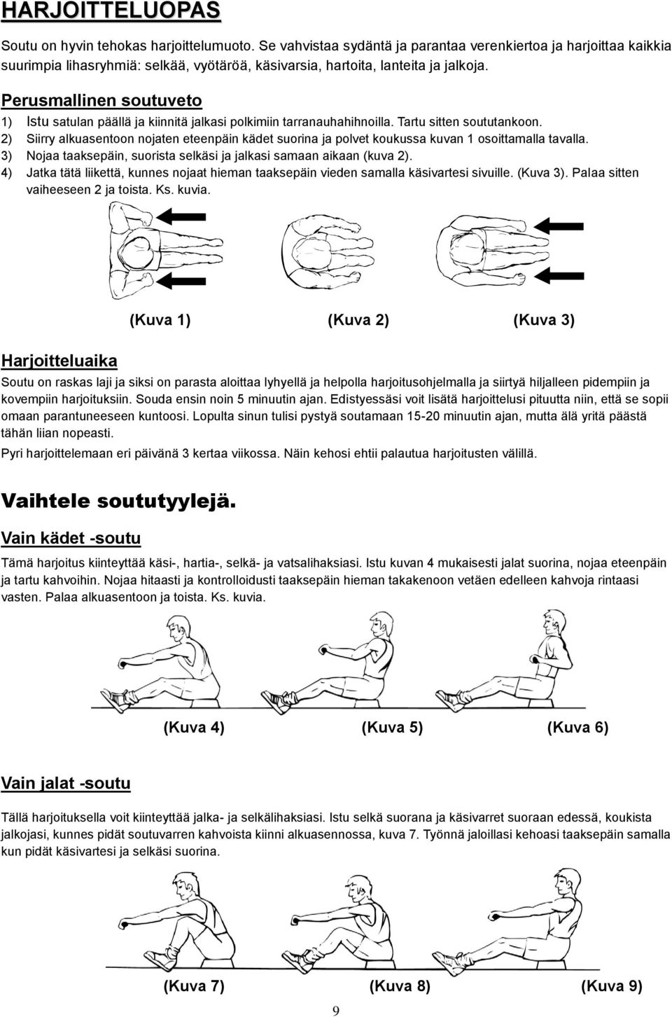 Perusmallinen soutuveto 1) Istu satulan päällä ja kiinnitä jalkasi polkimiin tarranauhahihnoilla. Tartu sitten soututankoon.