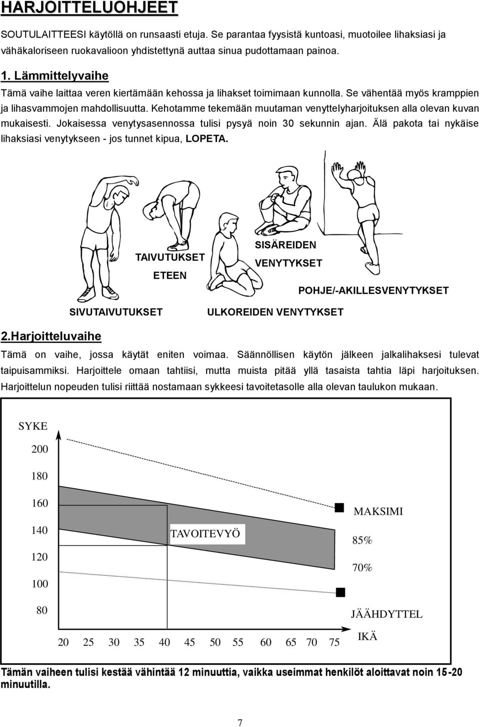 Kehotamme tekemään muutaman venyttelyharjoituksen alla olevan kuvan mukaisesti. Jokaisessa venytysasennossa tulisi pysyä noin 30 sekunnin ajan.