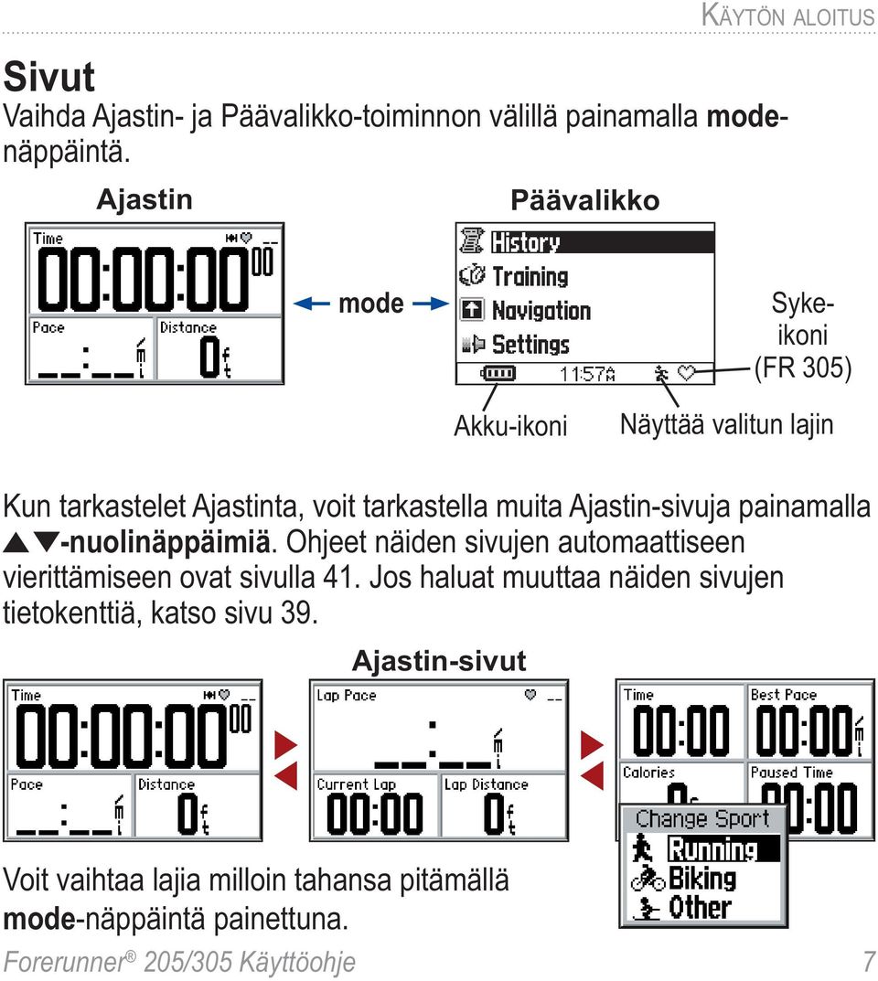 Ajastin-sivuja painamalla -nuolinäppäimiä. Ohjeet näiden sivujen automaattiseen vierittämiseen ovat sivulla 41.