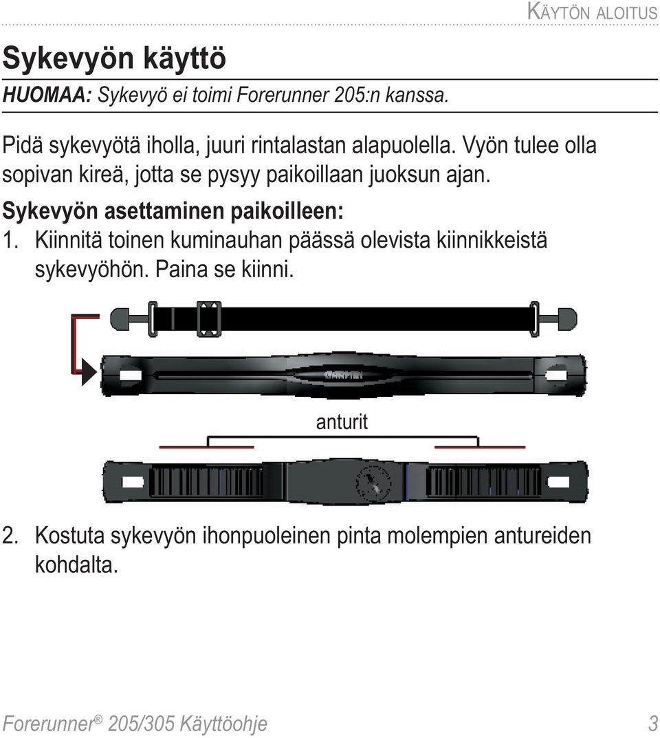 Vyön tulee olla sopivan kireä, jotta se pysyy paikoillaan juoksun ajan. Sykevyön asettaminen paikoilleen: 1.