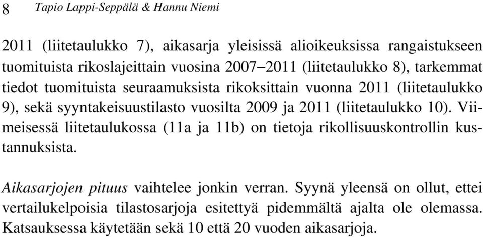 (liitetaulukko 10). Viimeisessä liitetaulukossa (11a ja 11b) on tietoja rikollisuuskontrollin kustannuksista. Aikasarjojen pituus vaihtelee jonkin verran.