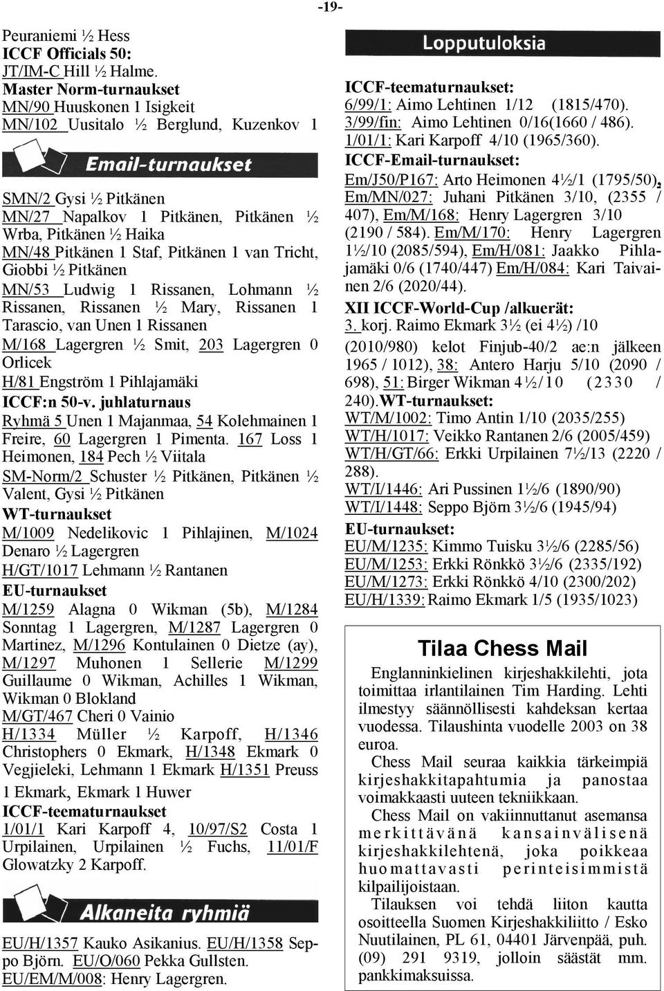 Pitkänen 1 van Tricht, Giobbi ½ Pitkänen MN/53 Ludwig 1 Rissanen, Lohmann ½ Rissanen, Rissanen ½ Mary, Rissanen 1 Tarascio, van Unen 1 Rissanen M/168 Lagergren ½ Smit, 203 Lagergren 0 Orlicek H/81