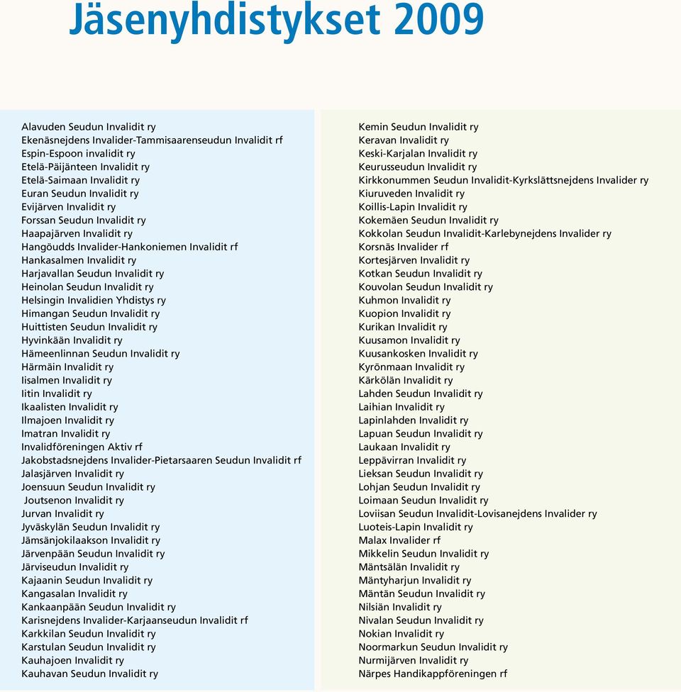 Heinolan Seudun Invalidit ry Helsingin Invalidien Yhdistys ry Himangan Seudun Invalidit ry Huittisten Seudun Invalidit ry Hyvinkään Invalidit ry Hämeenlinnan Seudun Invalidit ry Härmäin Invalidit ry