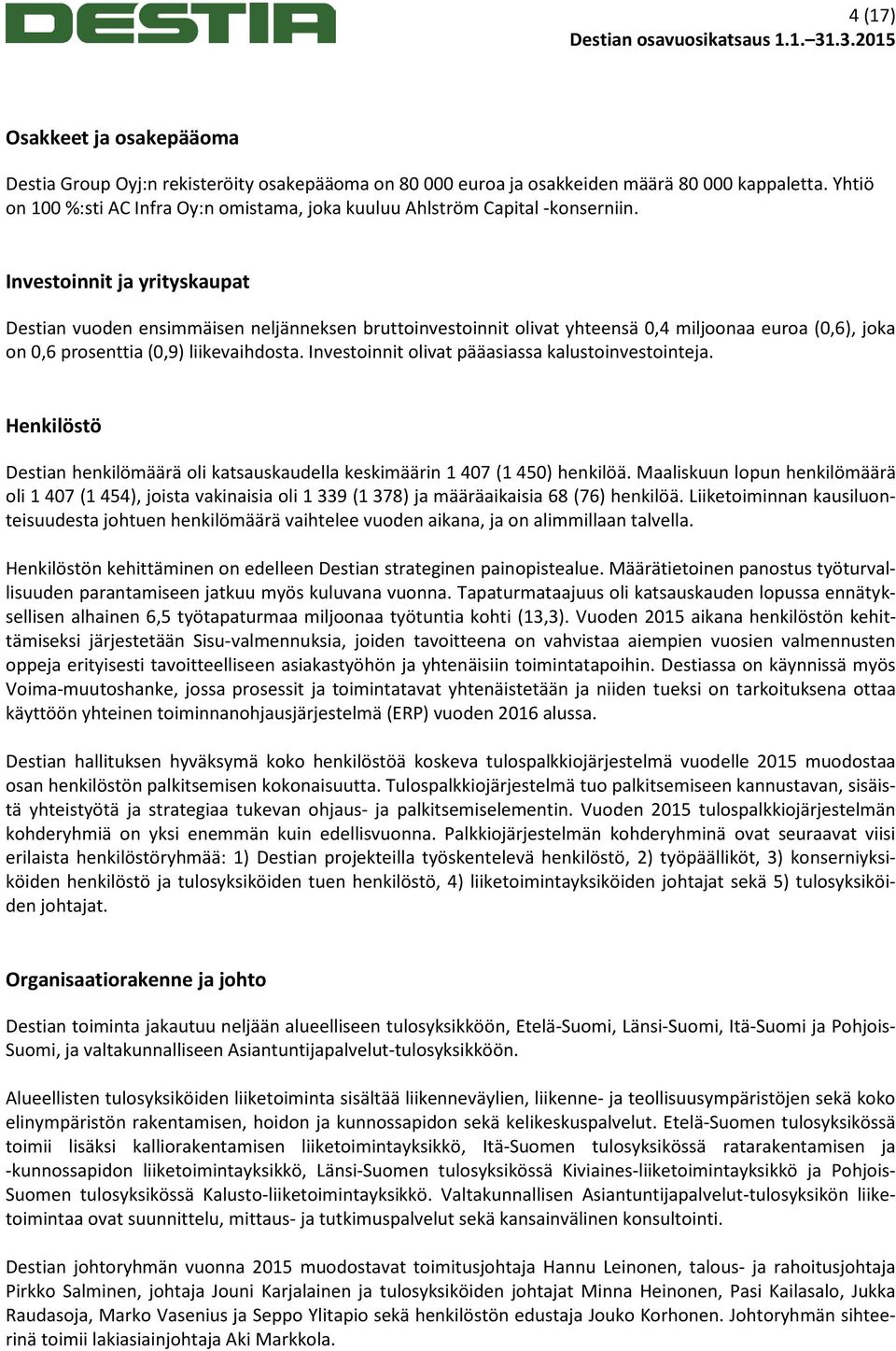 Investoinnit ja yrityskaupat Destian vuoden ensimmäisen neljänneksen bruttoinvestoinnit olivat yhteensä 0,4 miljoonaa euroa (0,6), joka on 0,6 prosenttia (0,9) liikevaihdosta.