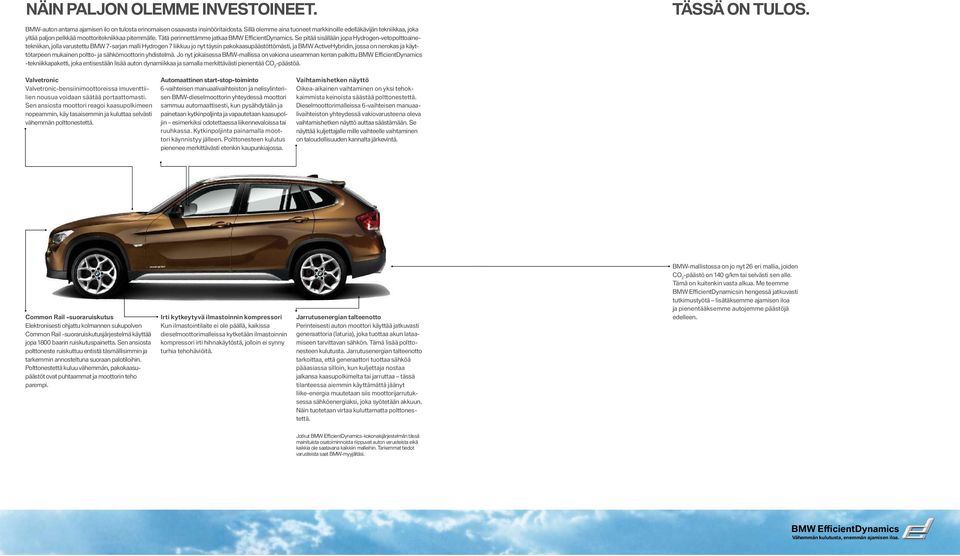 Se pitää sisällään jopa Hydrogen-vetopolttoainetekniikan, jolla varustettu BMW 7 -sarjan malli Hydrogen 7 liikkuu jo nyt täysin pakokaasupäästöttömästi, ja BMW ActiveHybridin, jossa on nerokas ja