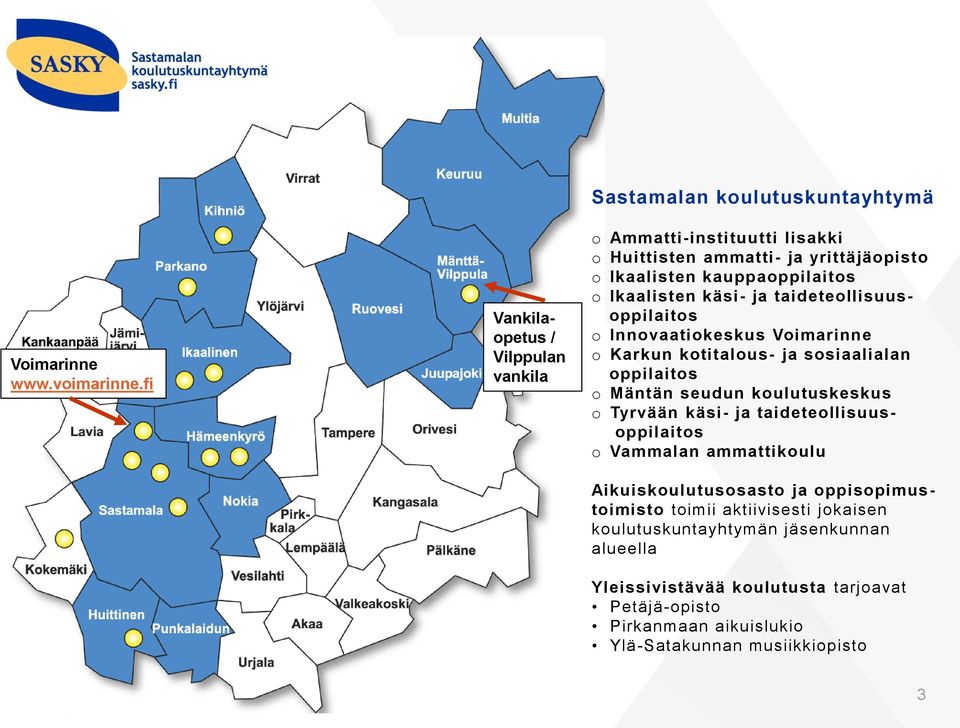 kauppaoppilaitos o Ikaalisten käsi- ja taideteollisuusoppilaitos o Innovaatiokeskus Voimarinne o Karkun kotitalous- ja sosiaalialan oppilaitos o Mäntän seudun