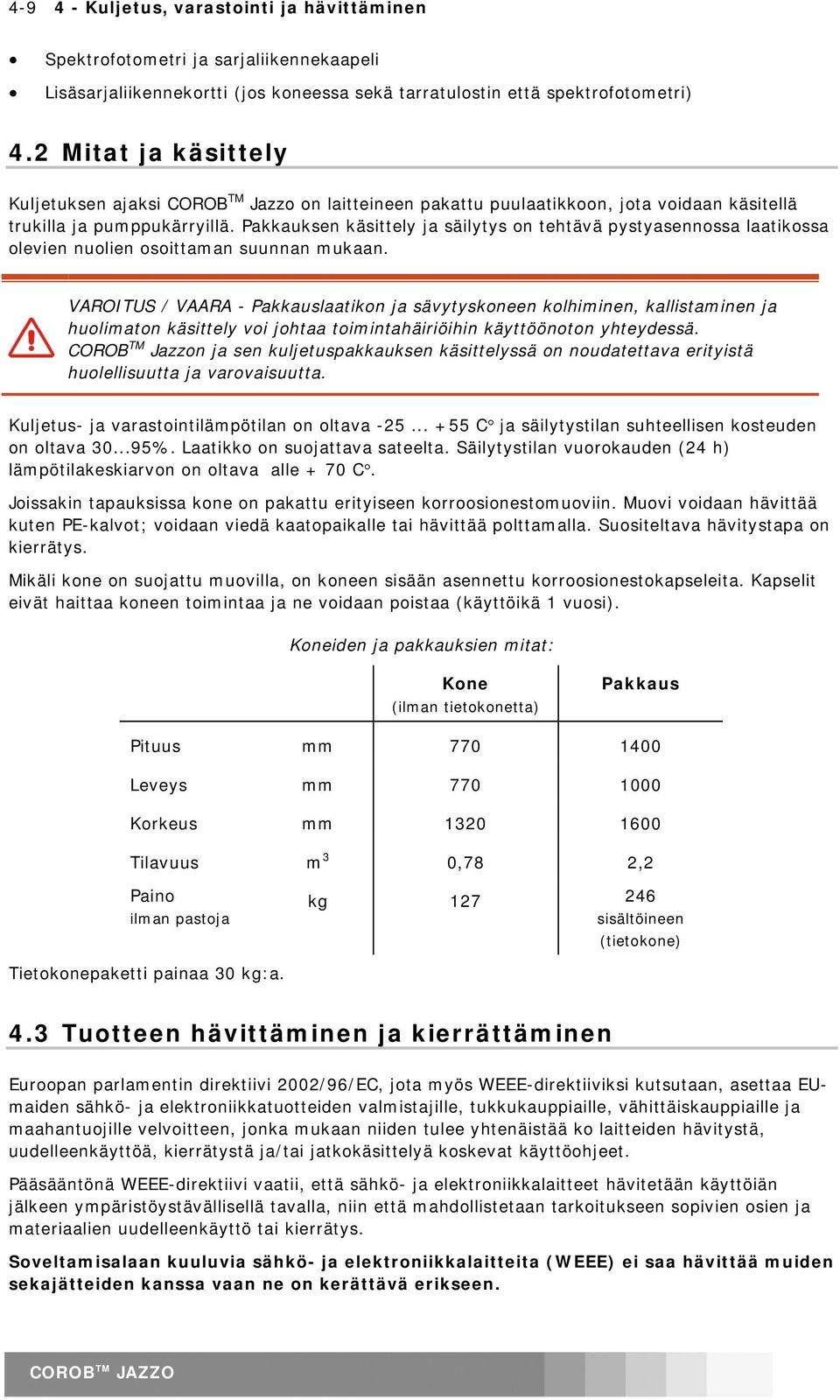 Pakkauksen käsittely ja säilytys on tehtävä pystyasennossa laatikossa olevien nuolien osoittaman suunnan mukaan.