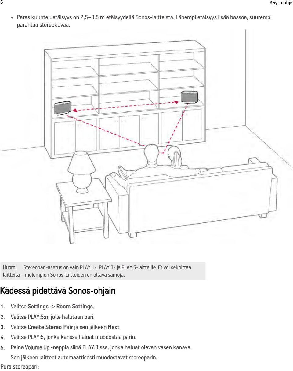 Kädessä pidettävä Sonos-ohjain 1. Valitse Settings -> Room Settings. 2. Valitse PLAY:5:n, jolle halutaan pari. 3. Valitse Create Stereo Pair ja sen jälkeen Next. 4.