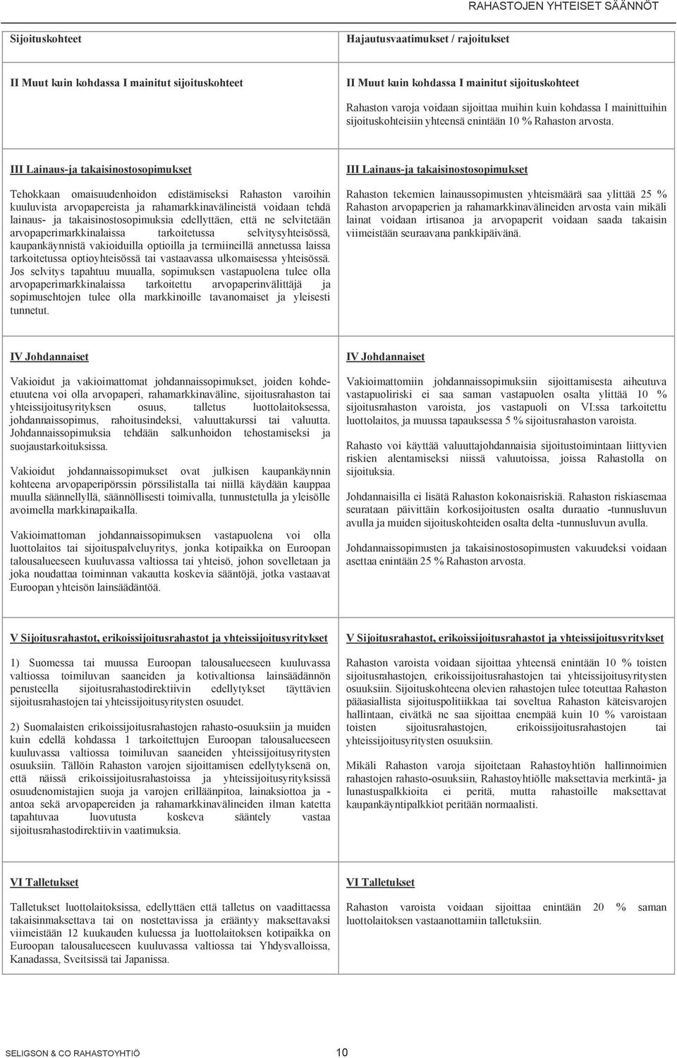 III Lainaus-ja takaisinostosopimukset Tehokkaan omaisuudenhoidon edistämiseksi Rahaston varoihin kuuluvista arvopapereista ja rahamarkkinavälineistä voidaan tehdä lainaus- ja takaisinostosopimuksia