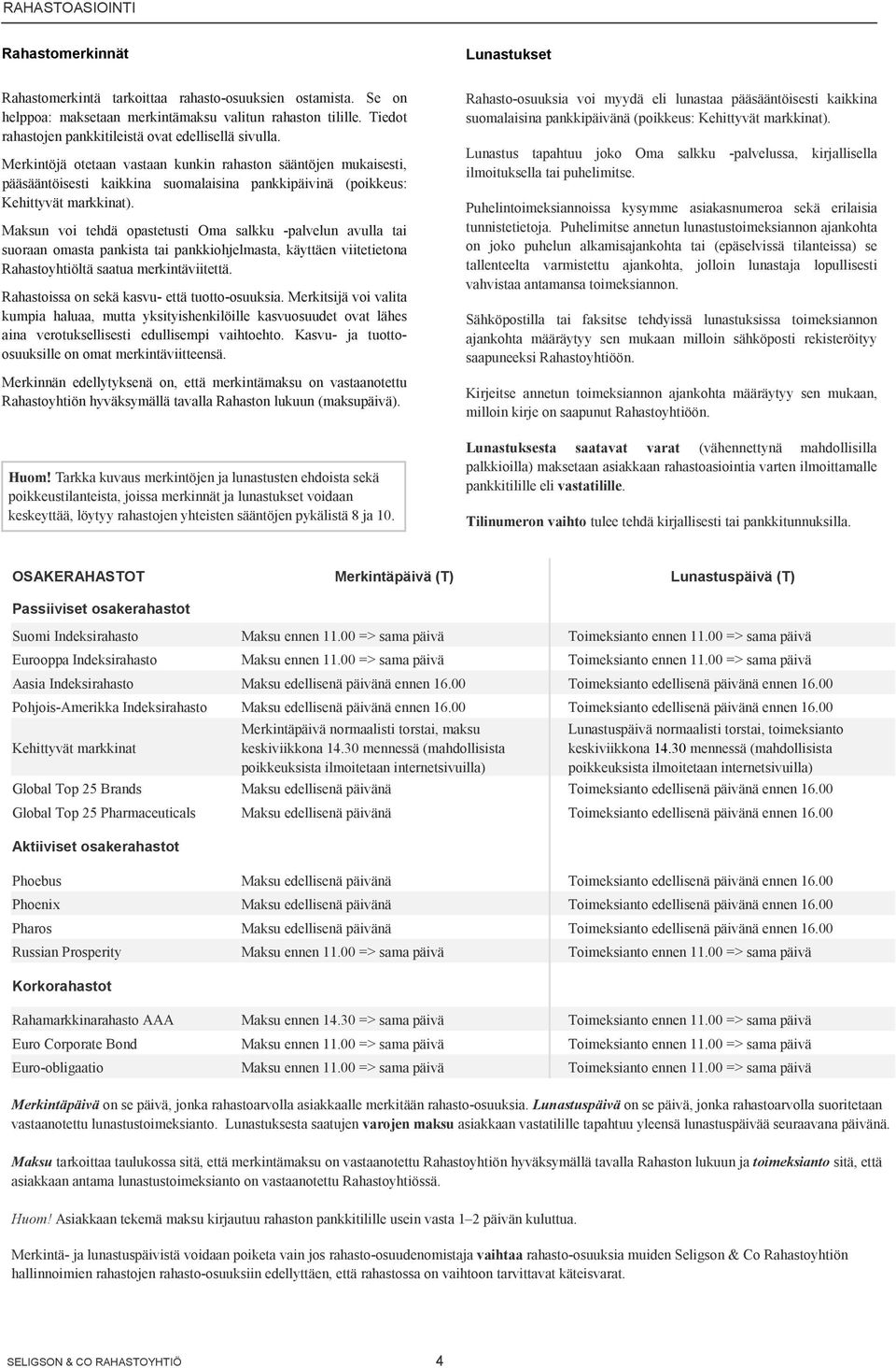 Merkintöjä otetaan vastaan kunkin rahaston sääntöjen mukaisesti, pääsääntöisesti kaikkina suomalaisina pankkipäivinä (poikkeus: Kehittyvät markkinat).