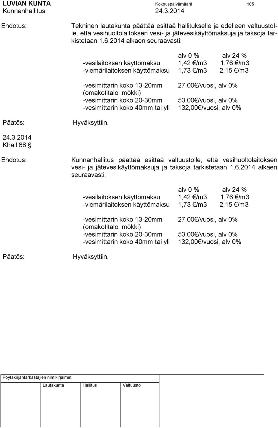 mökki) -vesimittarin koko 20-30mm 53,00 /vuosi, alv 0% -vesimittarin koko 40mm tai yli 132,00 /vuosi, alv 0% 24.3.2014 Khall 68 Kunnanhallitus päättää esittää valtuustolle, että vesihuoltolaitoksen vesi- ja jätevesikäyttömaksuja ja taksoja tarkistetaan 1.