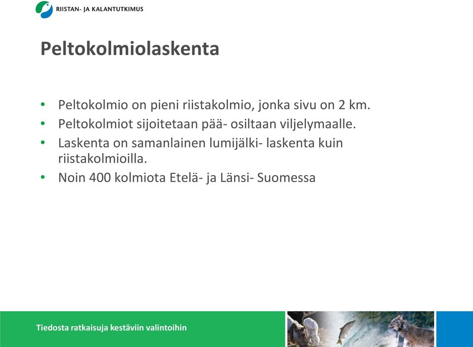 Peltokolmiot sijoitetaan pää- osiltaan viljelymaalle.