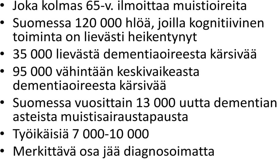 lievästi heikentynyt 35 000 lievästä dementiaoireesta kärsivää 95 000 vähintään