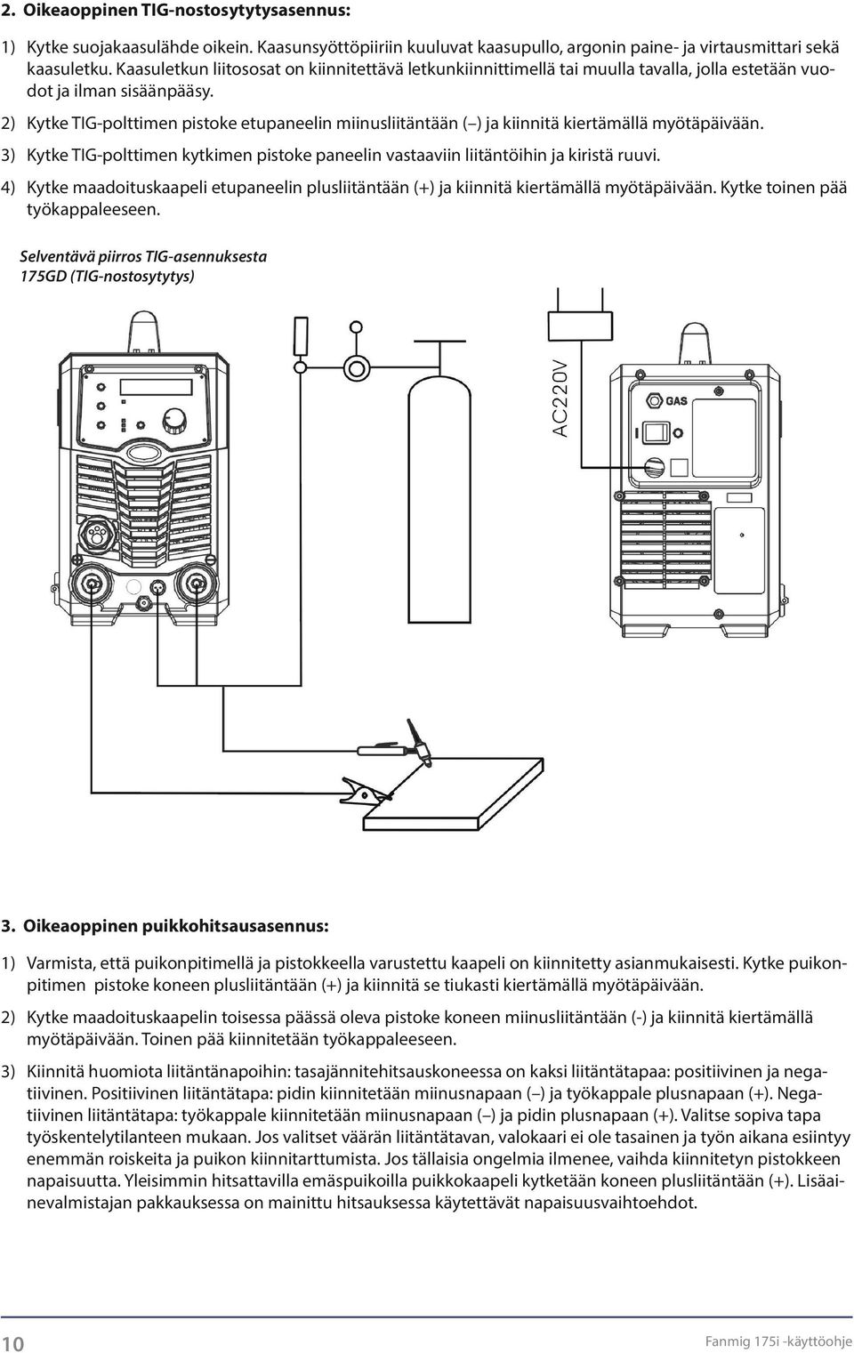 2) Kytke TIG-polttimen pistoke etupaneelin miinusliitäntään ( ) ja kiinnitä kiertämällä myötäpäivään. 3) Kytke TIG-polttimen kytkimen pistoke paneelin vastaaviin liitäntöihin ja kiristä ruuvi.