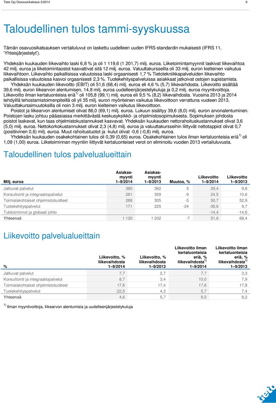 euron kielteinen vaikutus liikevaihtoon. Liikevaihto paikallisissa valuutoissa laski orgaanisesti 1,7 % Tietotekniikkapalveluiden liikevaihto paikallisissa valuutoissa kasvoi orgaanisesti 2,3 %.