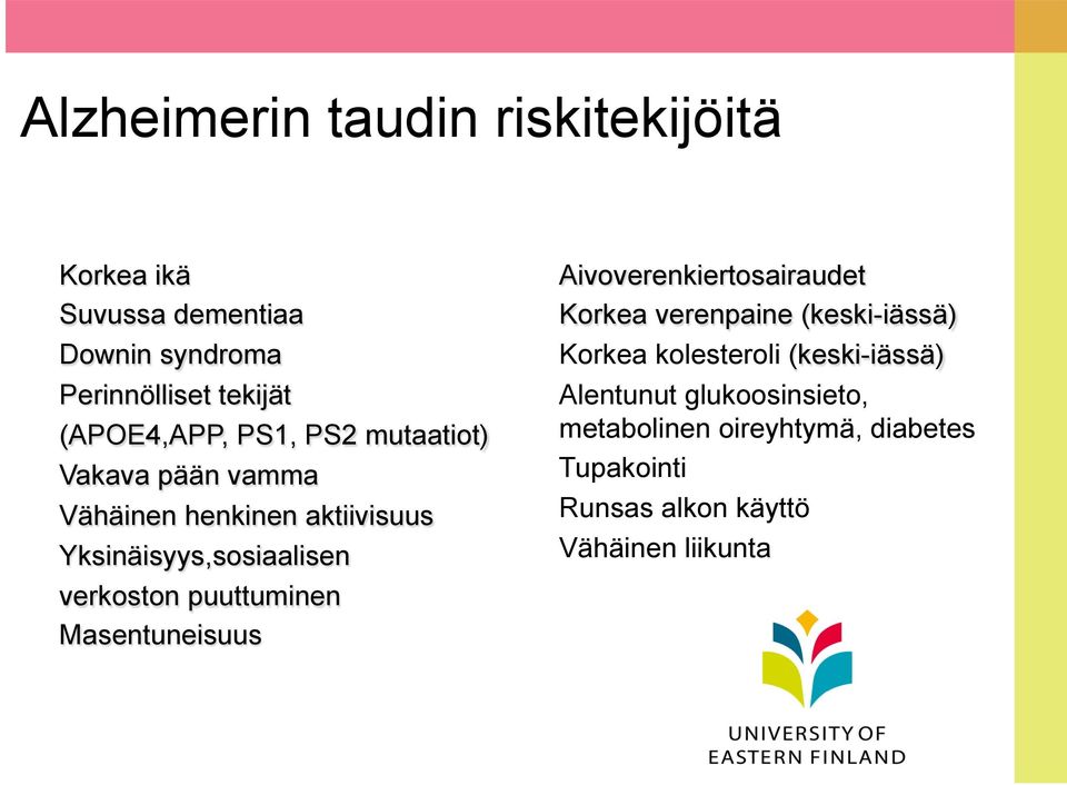 verkoston puuttuminen Masentuneisuus Aivoverenkiertosairaudet Korkea verenpaine (keski-iässä) Korkea