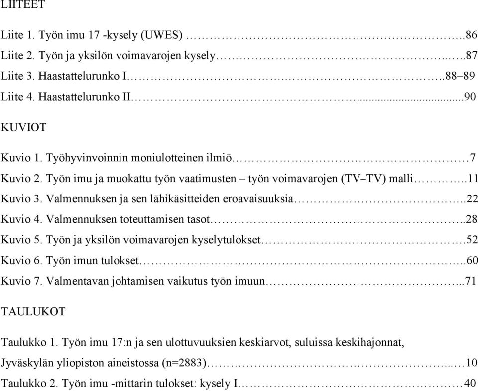 .22 Kuvio 4. Valmennuksen toteuttamisen tasot..28 Kuvio 5. Työn ja yksilön voimavarojen kyselytulokset.52 Kuvio 6. Työn imun tulokset..60 Kuvio 7.