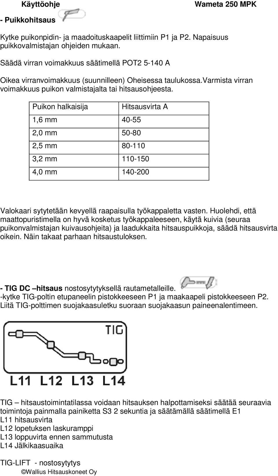 Puikon halkaisija 1,6 mm 40-55 2,0 mm 50-80 Hitsausvirta A 2,5 mm 80-110 3,2 mm 110-150 4,0 mm 140-200 Valokaari sytytetään kevyellä raapaisulla työkappaletta vasten.