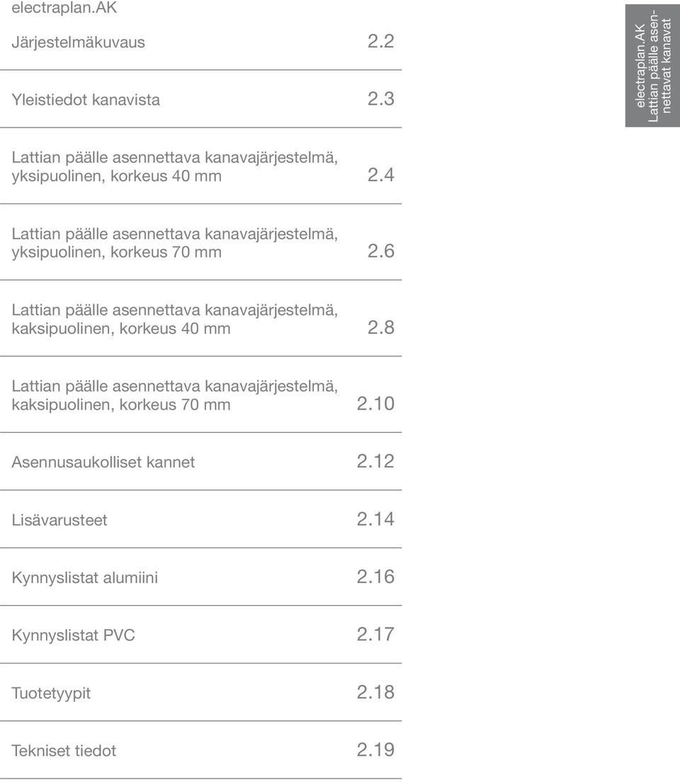 6 Lattian päälle asennettava kanavajärjestelmä, kaksipuolinen, korkeus 40 mm 2.