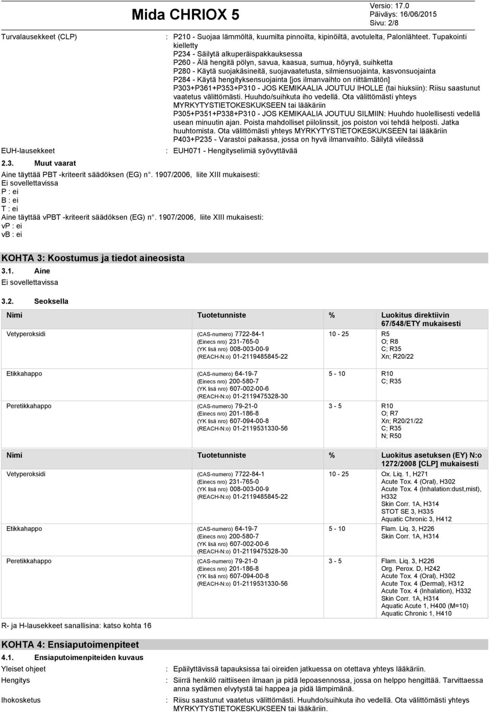 P284 Käytä hengityksensuojainta [jos ilmanvaihto on riittämätön] P303+P361+P353+P310 JOS KEMIKAALIA JOUTUU IHOLLE (tai hiuksiin): Riisu saastunut vaatetus välittömästi. Huuhdo/suihkuta iho vedellä.