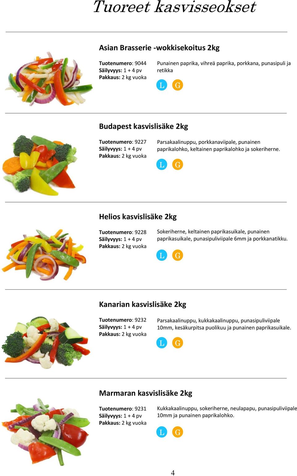 Helios kasvislisäke 2kg Tuotenumero: 9228 Sokeriherne, keltainen paprikasuikale, punainen paprikasuikale, punasipuliviipale 6mm ja porkkanatikku.