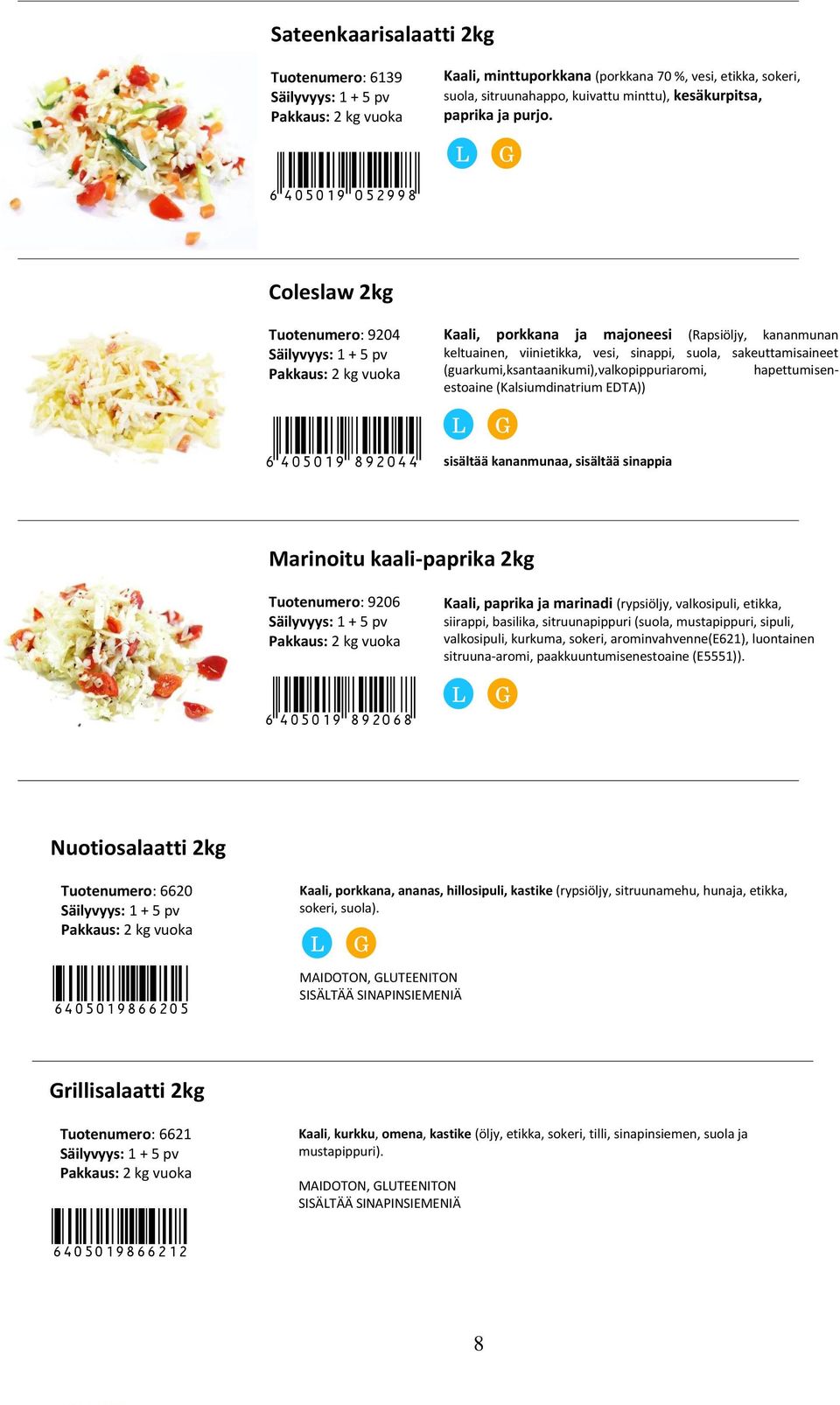 Kaali, porkkana ja majoneesi (Rapsiöljy, kananmunan keltuainen, viinietikka, vesi, sinappi, suola, sakeuttamisaineet (guarkumi,ksantaanikumi),valkopippuriaromi, hapettumisenestoaine (Kalsiumdinatrium