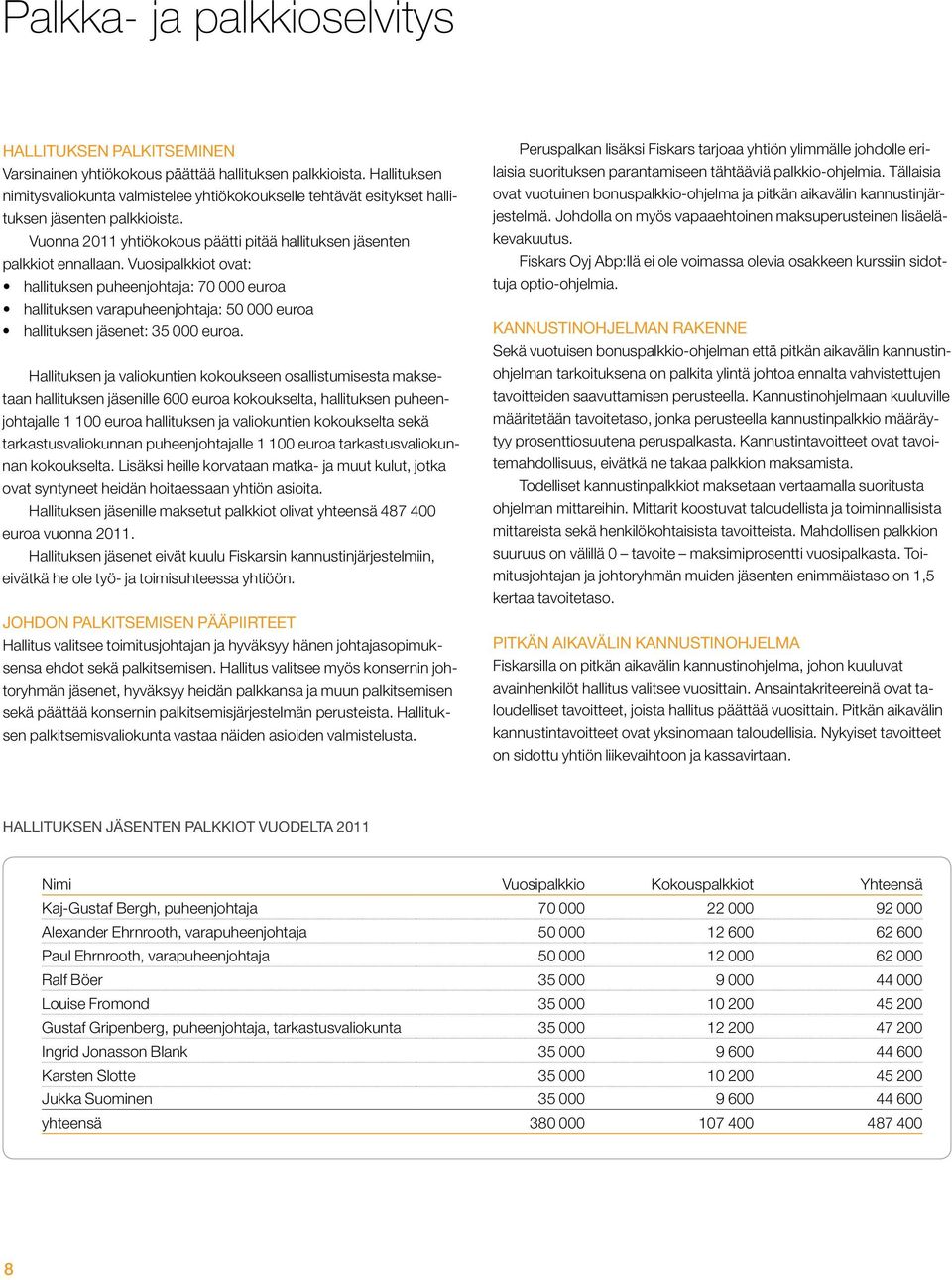 Vuosipalkkiot ovat: hallituksen puheenjohtaja: 70 000 euroa hallituksen varapuheenjohtaja: 50 000 euroa hallituksen jäsenet: 35 000 euroa.