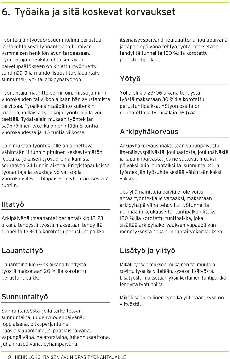 Työnantaja määrittelee milloin, missä ja mihin vuorokauden tai viikon aikaan hän avustamista tarvitsee. Työaikalainsäädäntö kuitenkin määrää, millaisia työaikoja työntekijällä voi teettää.