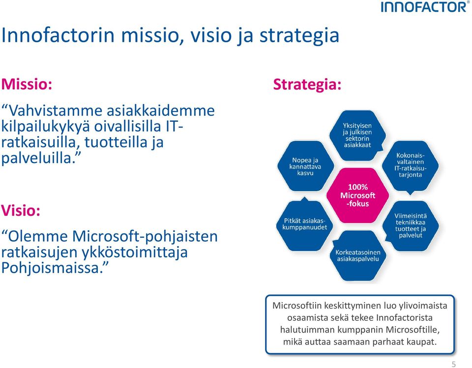 Strategia: Visio: Olemme Microsoft-pohjaisten ratkaisujen ykköstoimittaja Pohjoismaissa.