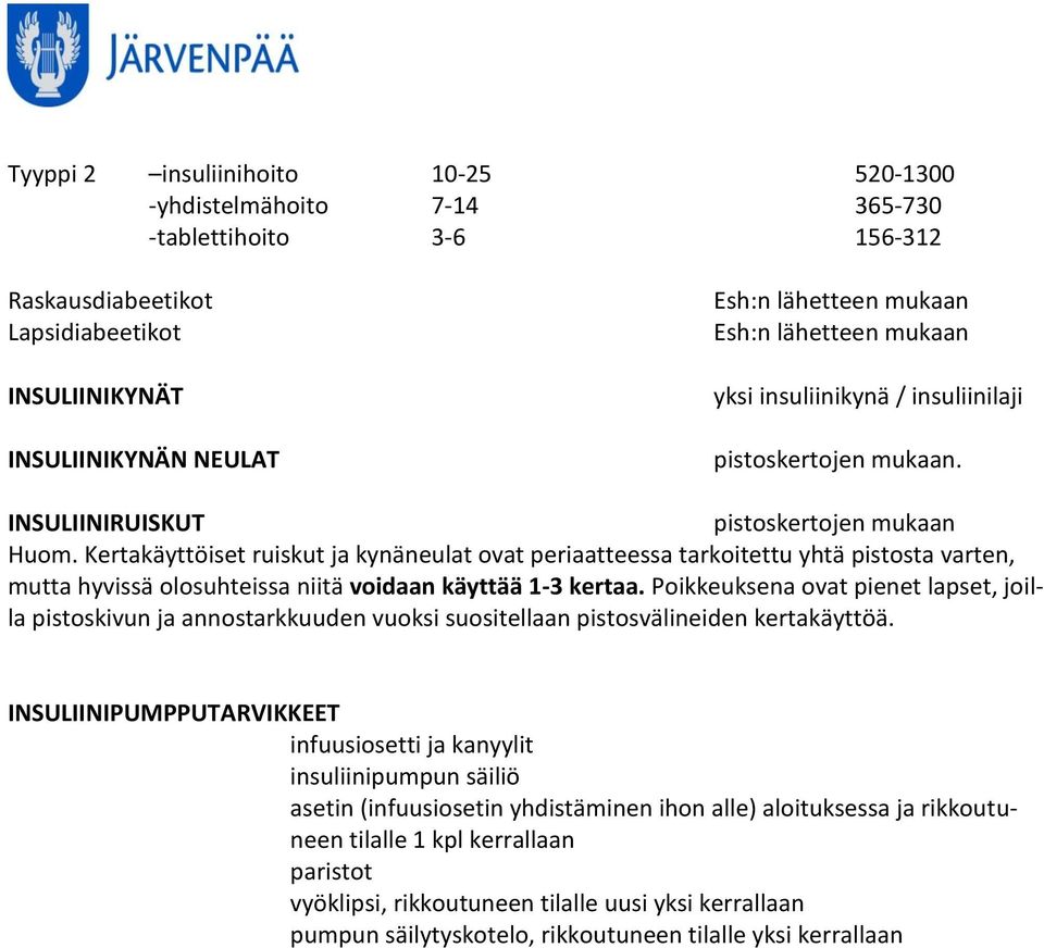 Kertakäyttöiset ruiskut ja kynäneulat ovat periaatteessa tarkoitettu yhtä pistosta varten, mutta hyvissä olosuhteissa niitä voidaan käyttää 1-3 kertaa.