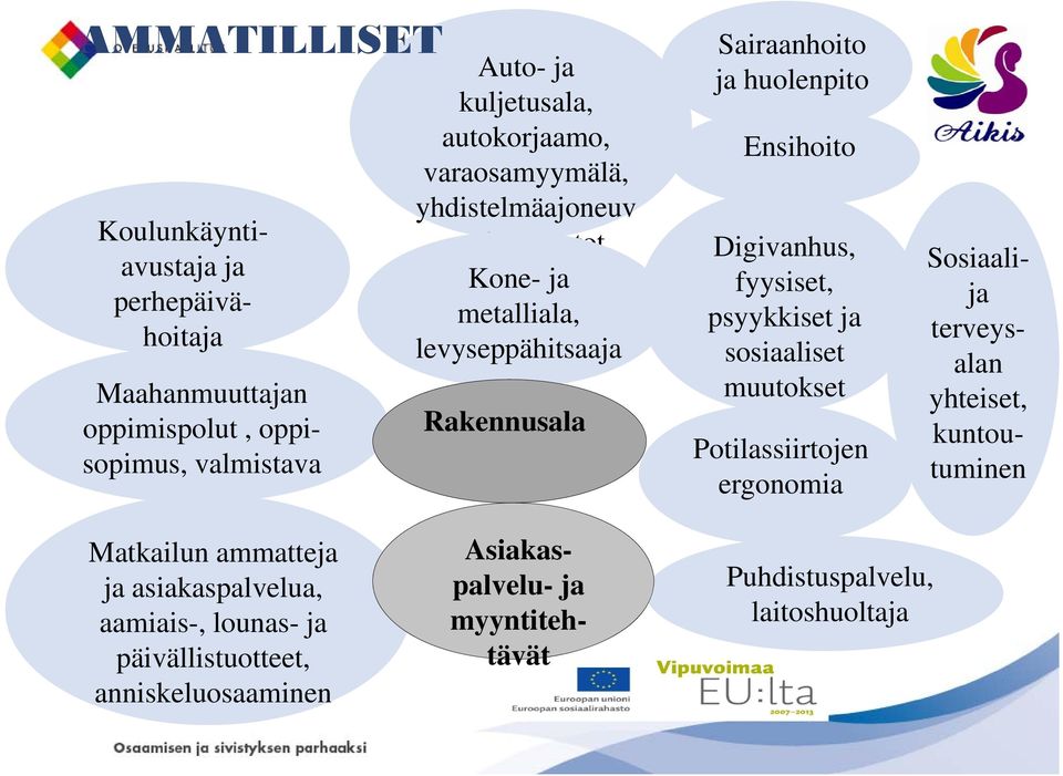 sosiaaliset muutokset Potilassiirtojen ergonomia Sosiaalija terveysalan yhteiset, kuntoutuminen Matkailun ammatteja ja asiakaspalvelua,