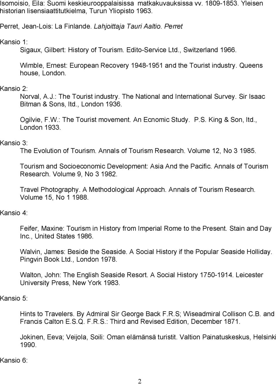 Kansio 2: Norval, A.J.: The Tourist industry. The National and International Survey. Sir Isaac Bitman & Sons, ltd., London 1936. Ogilvie, F.W.: The Tourist movement. An Ecnomic Study. P.S. King & Son, ltd.