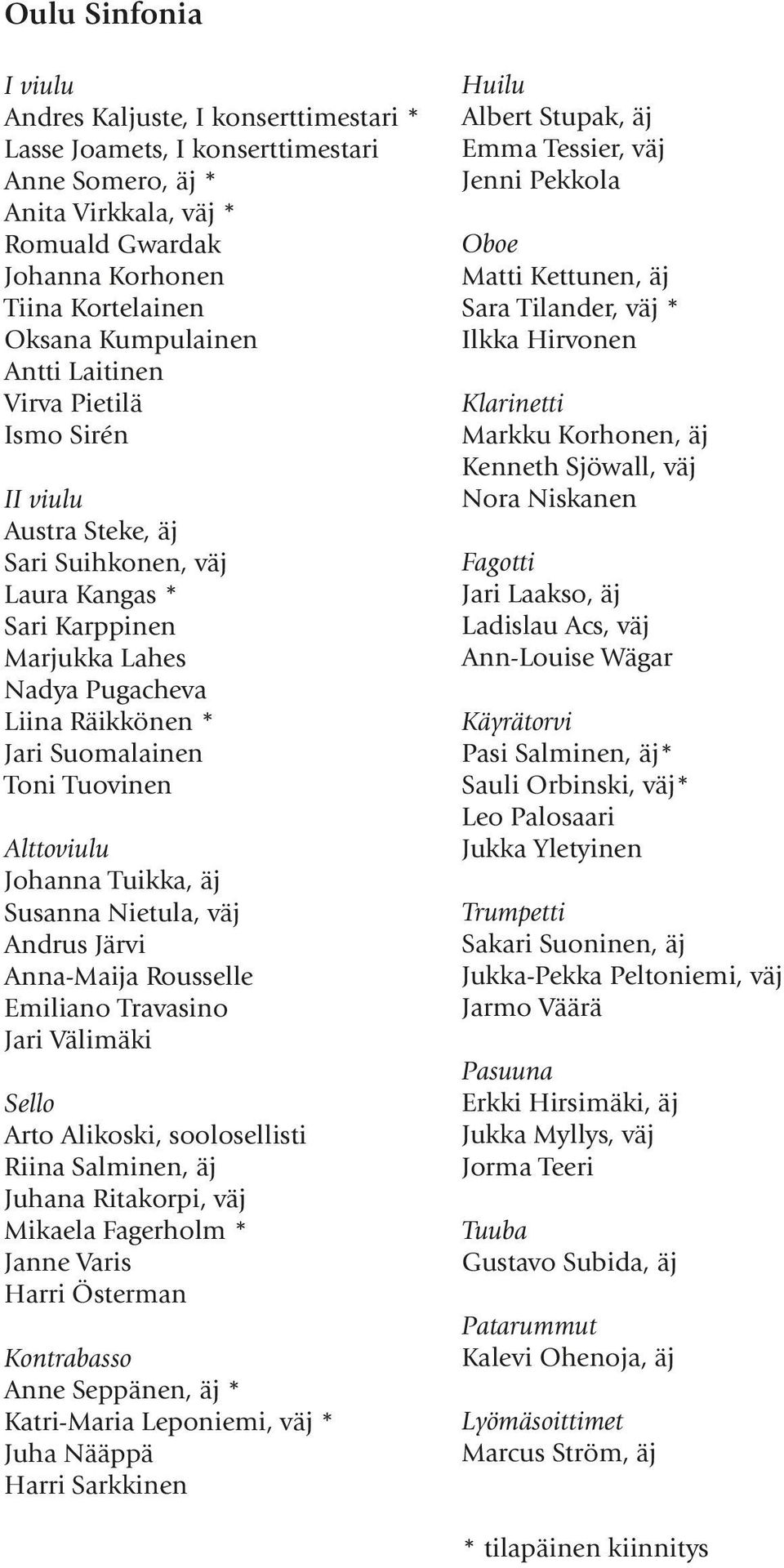 Tuovinen Alttoviulu Johanna Tuikka, äj Susanna Nietula, väj Andrus Järvi Anna-Maija Rousselle Emiliano Travasino Jari Välimäki Sello Arto Alikoski, soolosellisti Riina Salminen, äj Juhana Ritakorpi,