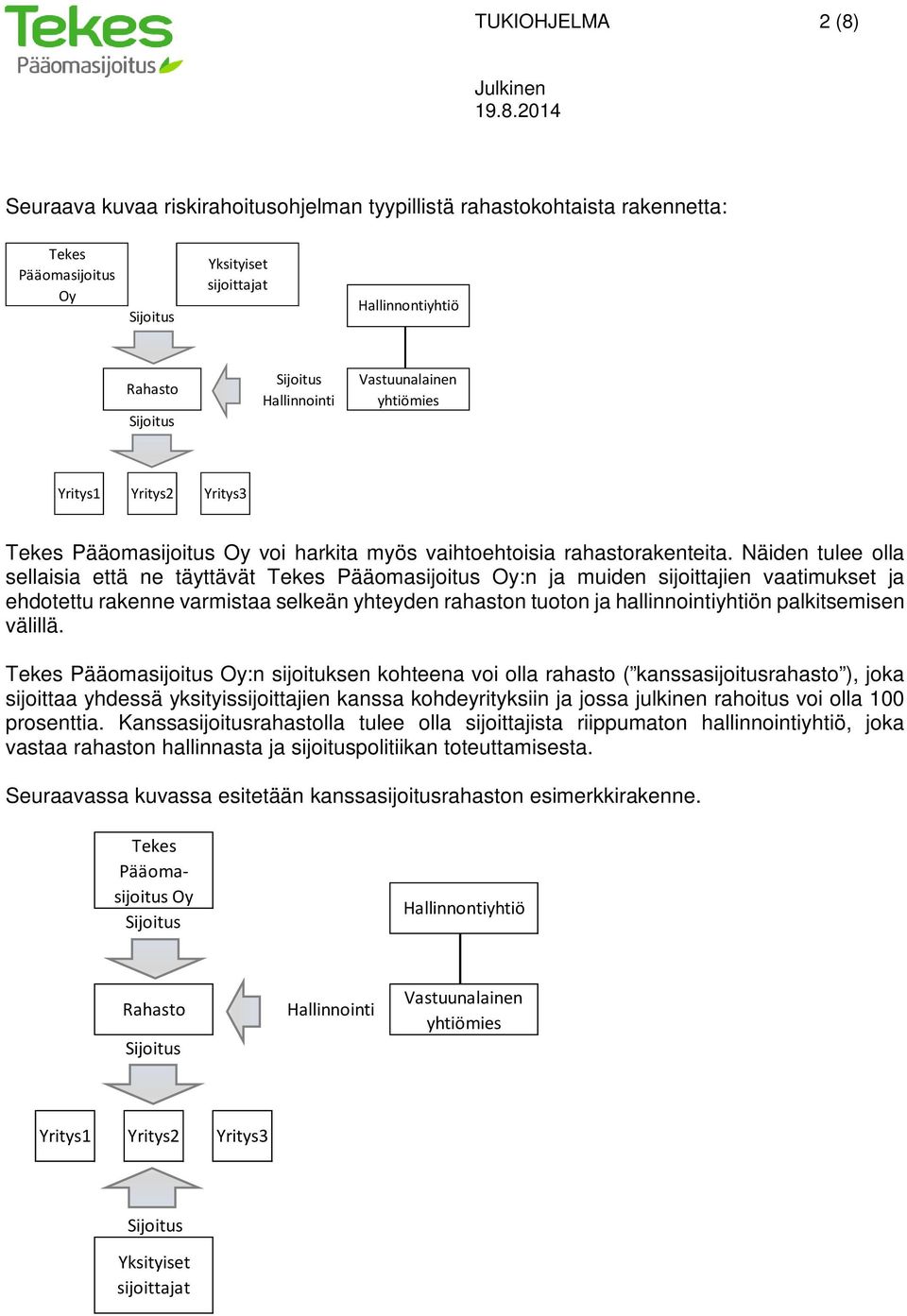 Näiden tulee olla sellaisia että ne täyttävät Tekes Pääomasijoitus Oy:n ja muiden sijoittajien vaatimukset ja ehdotettu rakenne varmistaa selkeän yhteyden rahaston tuoton ja hallinnointiyhtiön